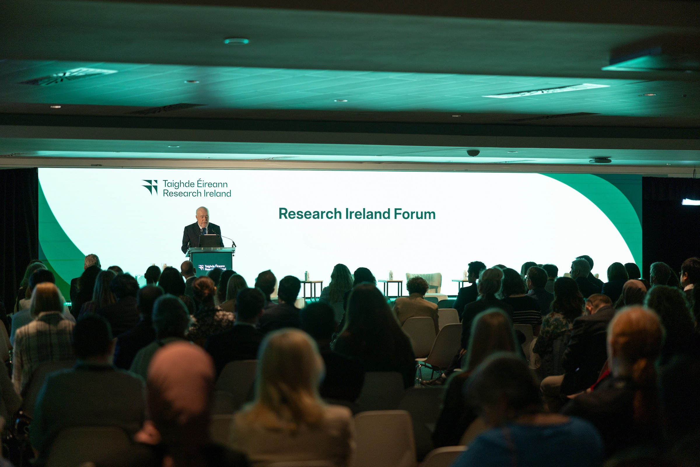 An image of Research Ireland Chair, Michael Horgan, speaking at the 2025 Research Ireland forum.