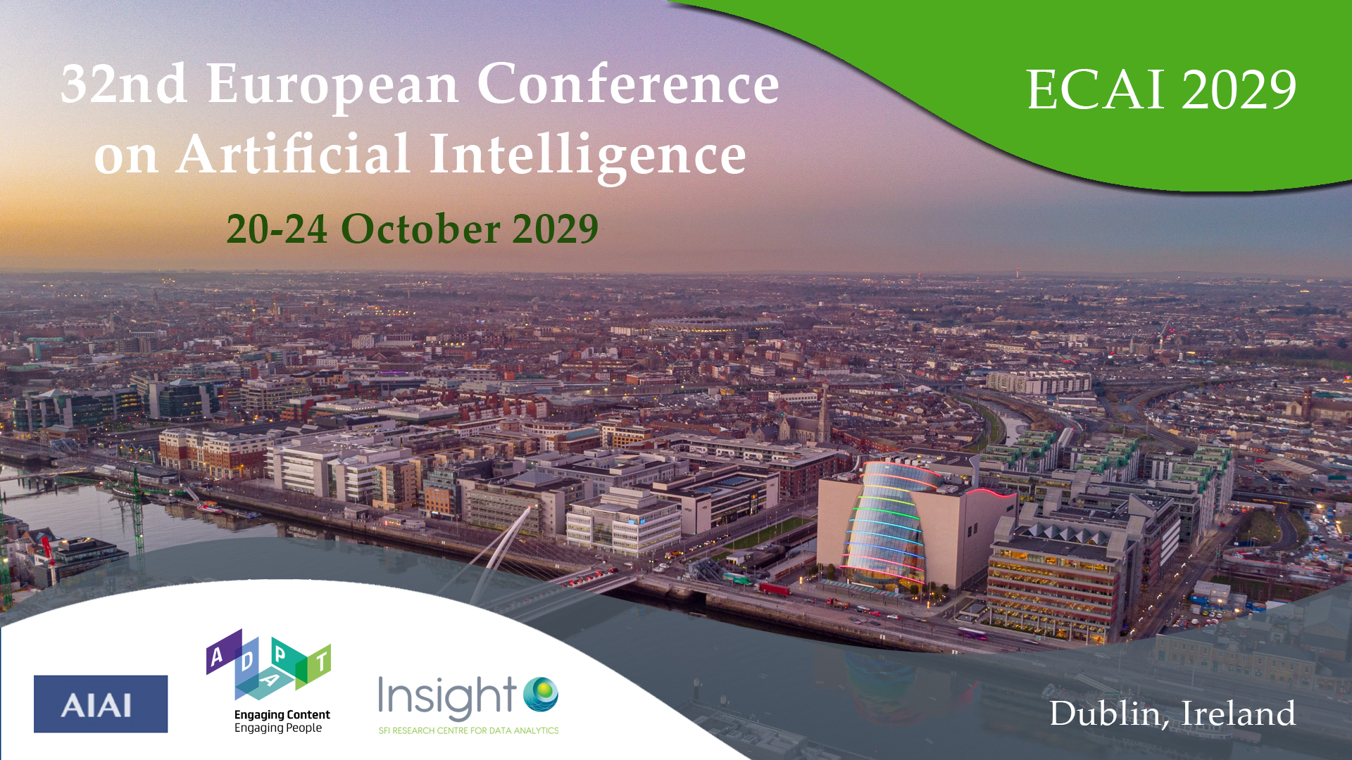 An ECAI flyer featuring an image of Dublin city, as well as text reading: "32nd European Conference on Artificial Intelligence 20-24 October 2029" It also features the AIAI, ADAPT, and Insight logos.