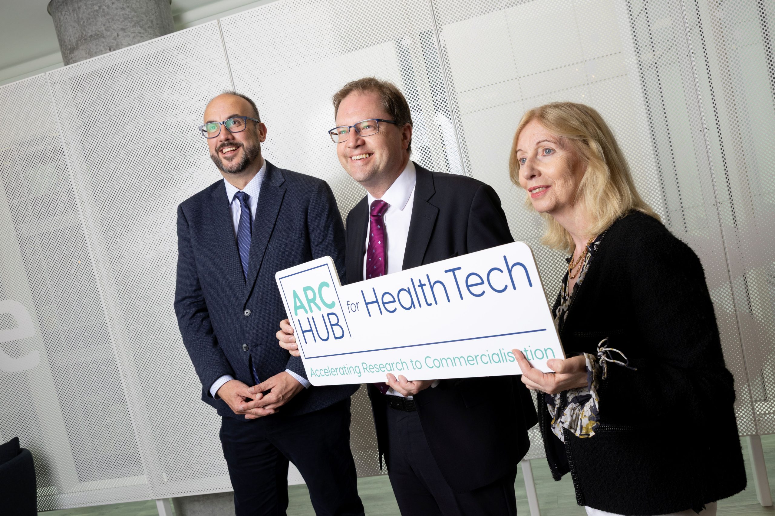 Prof. Garry Duffy, University of Galway and Director of the ARC Hub for HealthTech, James Lawless TD, Minister for Further and Higher Education, Research, Innovation and Science, and Celine Fitzgerald, Interim CEO, Research Ireland|Funder logo strip