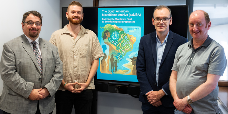 A group photo, pictured left to right: Professor John Cryan, Benjamín Valderrama, Professor Aonghus Lavelle, Professor Gerard Clarke. Image credit: Dr Ken O’Riordan (APC).