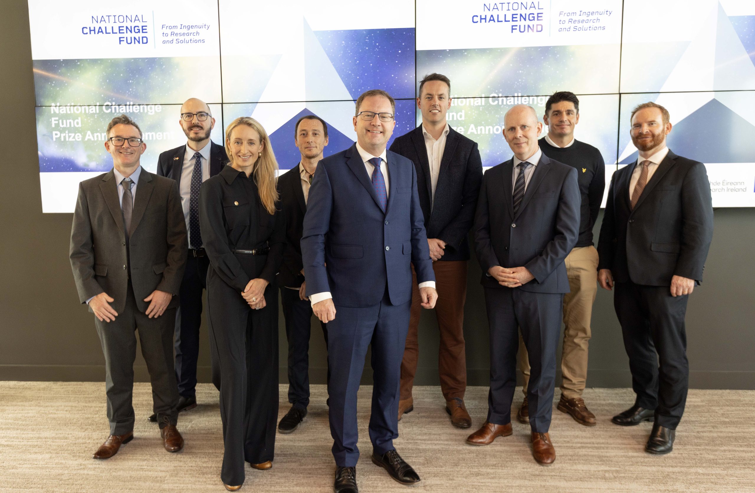 Minister for Higher Education, Research, Innovation and Science James Lawless and Diarmuid O'Brien, CEO Research Ireland with members of the National Challenge Fund Prize Teams.