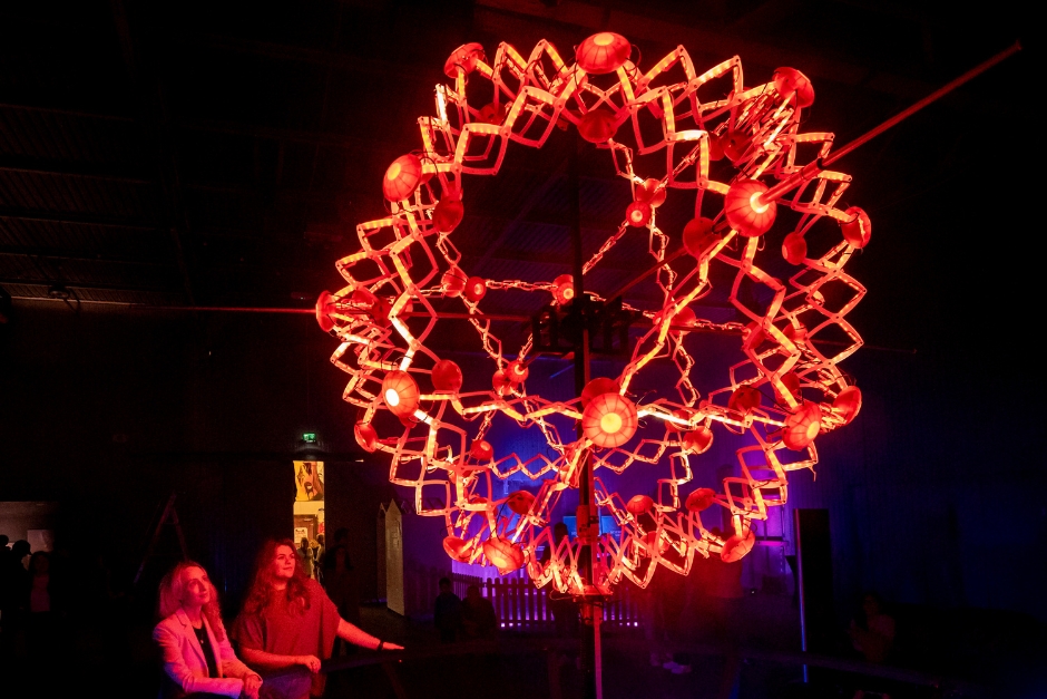 A picture of Dr Abigail Ruth Freeman, Director of Research for Society at Research Ireland and Rebecca Wilson, Senior Executive of the Education and Public Engagement team at Research Ireland looking at the SOLARIS installation.|Conceptual art for Solaris|A picture of Dr Abigail Ruth Freeman, Director of Research for Society at Research Ireland and Rebecca Wilson, Senior Executive of the Education and Public Engagement team at Research Ireland looking at the SOLARIS installation.