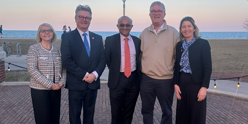 A picture, named from left to right, of: Professor Sarah Culloty (Head of the College of Science, Engineering and Food Science at UCC), Professor Barry O'Sullivan (Director of the Insight Research Ireland Centre for Data Analytics and UCC’s Futures in AI and Data Analytics), Professor V.S. Subrahmanian (Buffett Institute Faculty Fellow and the Head of Northwestern Security & AI Lab), Professor John O'Halloran (UCC President), Professor Ursula Kilkelly (Vice President for Global Engagement at UCC).