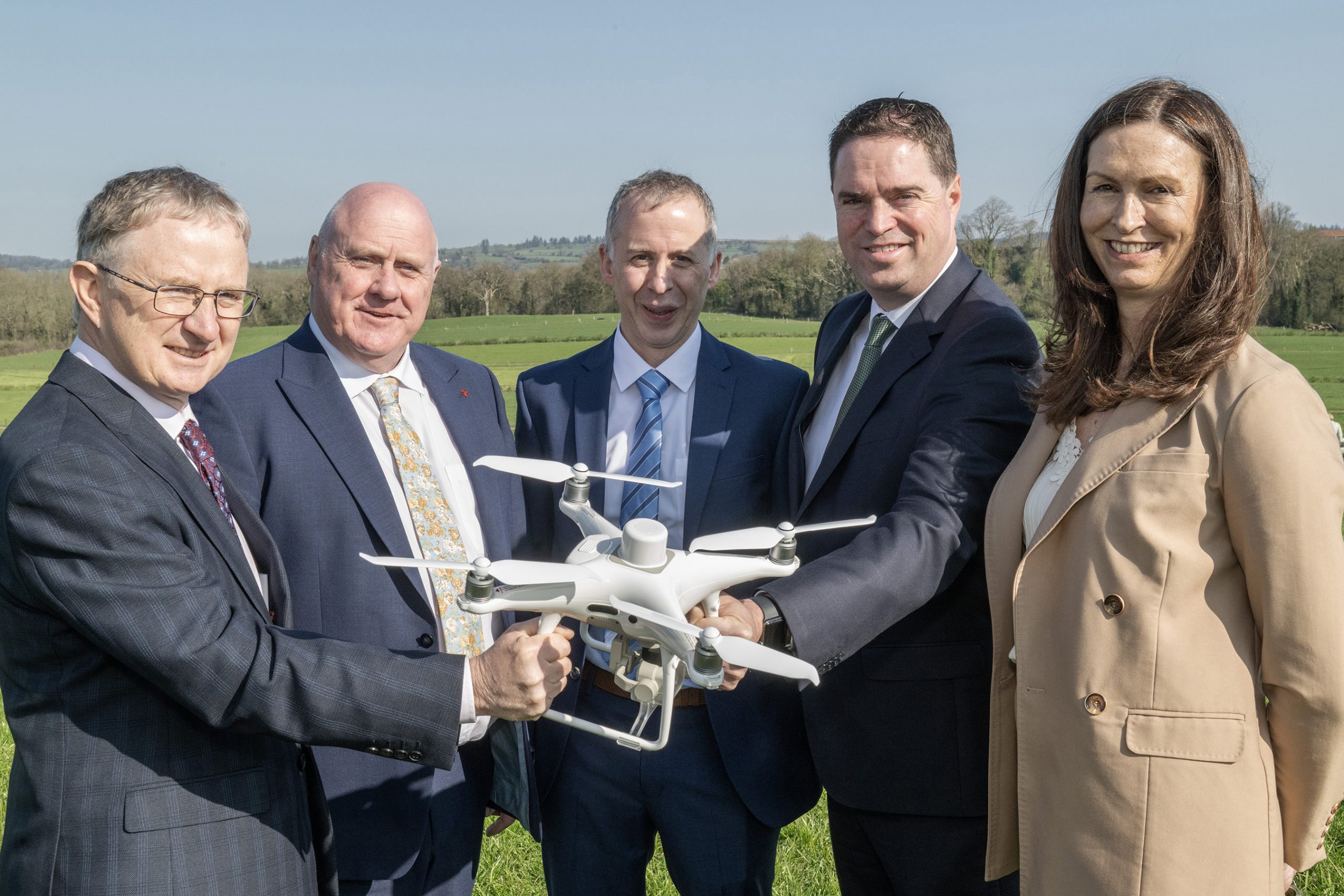 Professor Frank O'Mara, Director, Teagasc; Noel Grealish TD, Minister of State with special responsibility for Research; Donagh Berry, Director, VistaMilk Research Ireland Centre; Martin Heydon TD, Minister for Agriculture, Food and the Marine; and Dr Siobhan Roche, Director, Research for the Economy, Research Ireland.