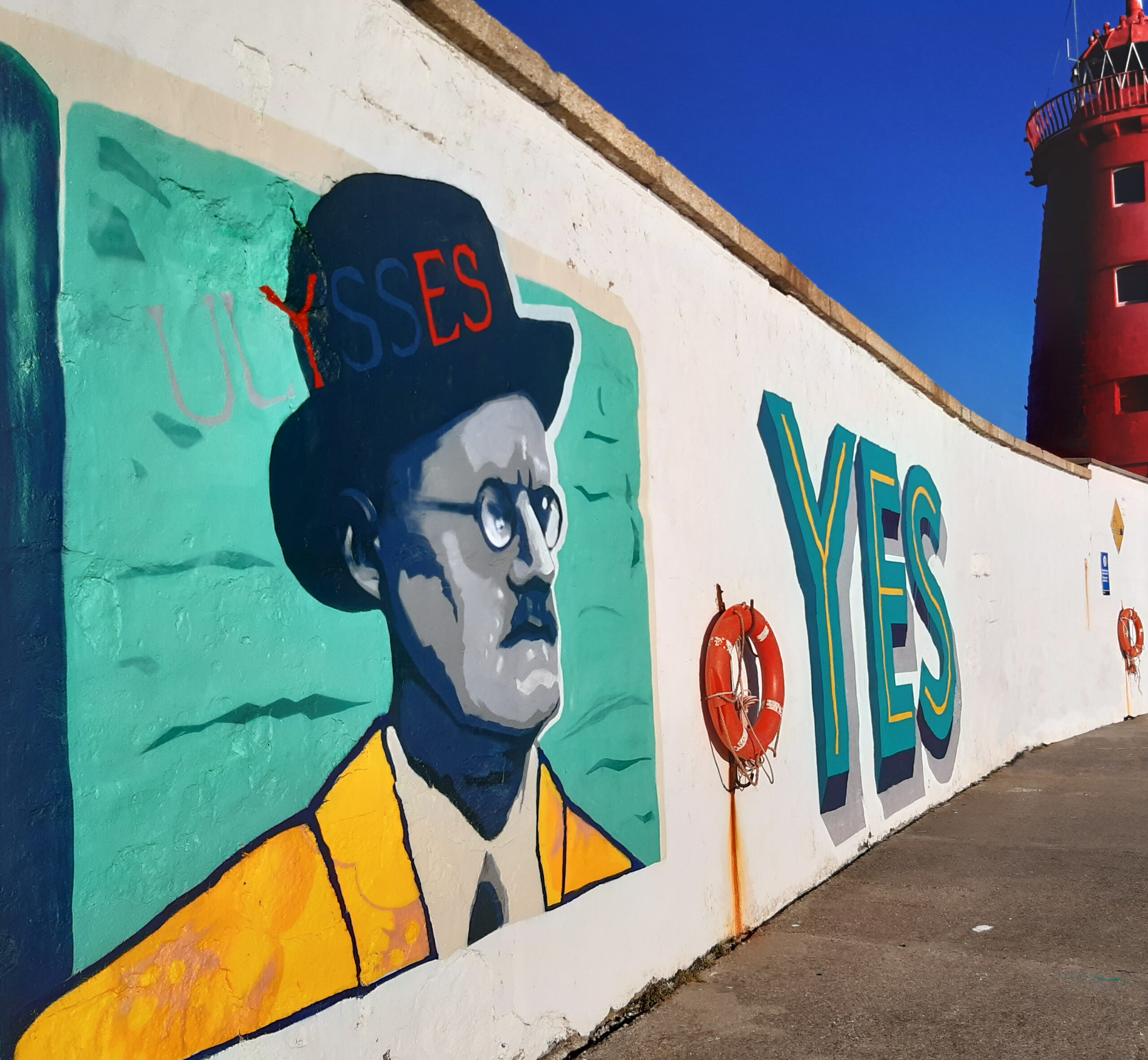 A picture of a Mural of James Joyce featuring the text "Ulysses".