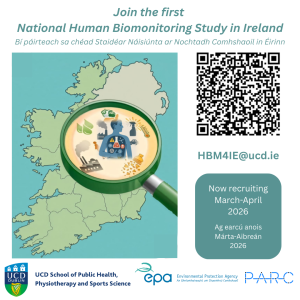 The graphic is divided into two sections. On the left is an illustration of Ireland in green with a large magnifying glass over the centre, showing icons representing environmental exposures—factory emissions, water droplets, recycling symbols, chemical hazard signs, crops, and a human figure. At the top, text announces: “Join the first National Human Biomonitoring Study in Ireland,” followed by an Irish translation. On the right side is a black‑and‑white QR code, the contact email HBM4IE@ucd.ie, and a teal box reading “Now recruiting March–April 2026” with the Irish translation beneath it. Along the bottom edge are the logos of UCD School of Public Health, EPA Ireland, and PARC.