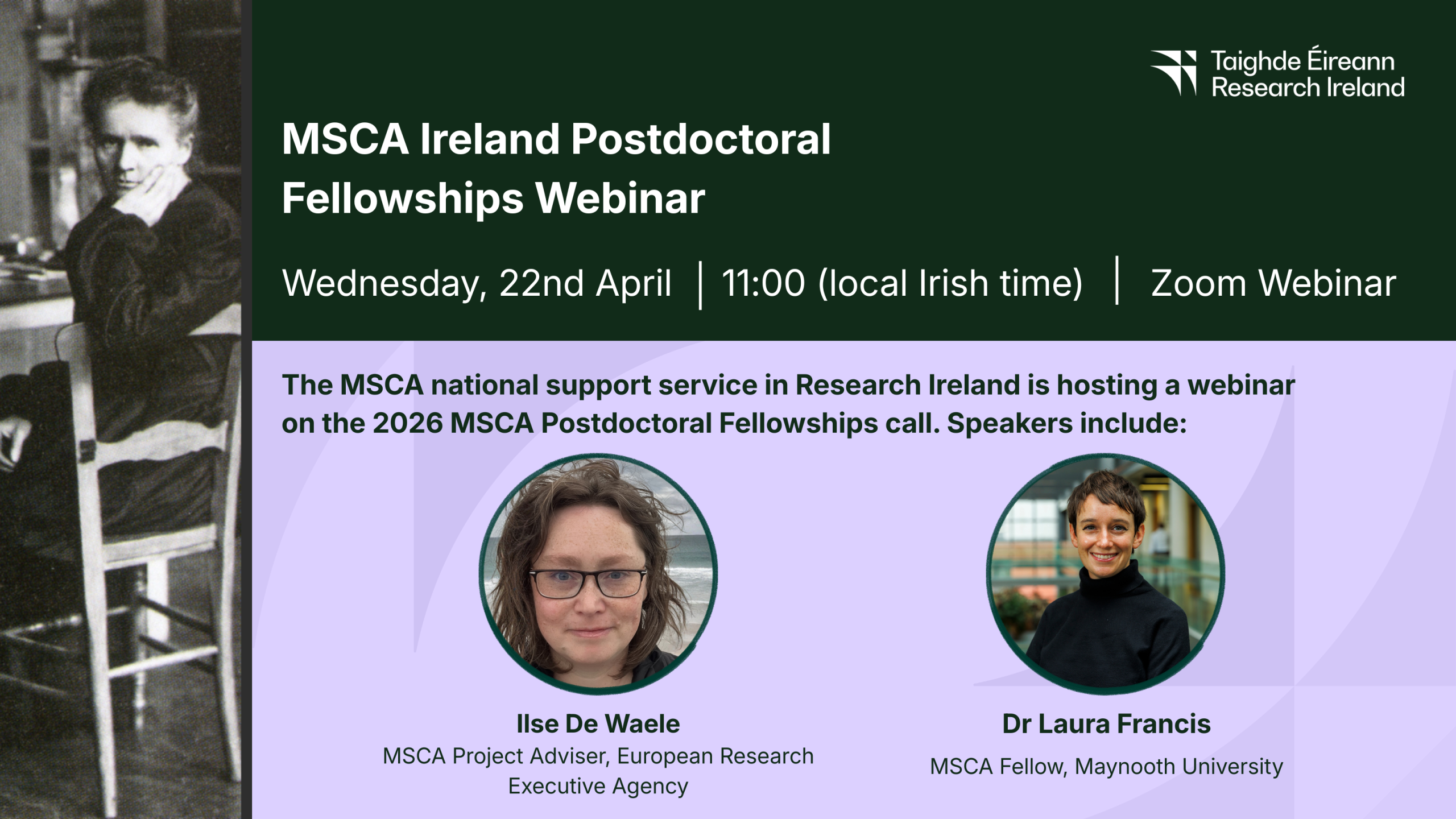 A graphic displaying information on the upcoming webinars for the MSCA Postdoctoral Fellowships programme - all details can also be found in the text below.