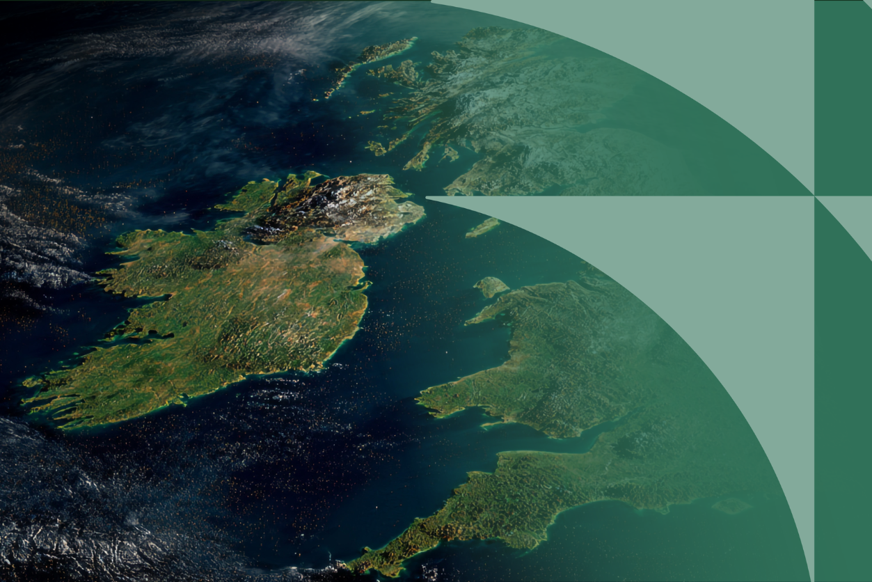 Decorative graphic with a satellite image of Ireland and Research Ireland branding.