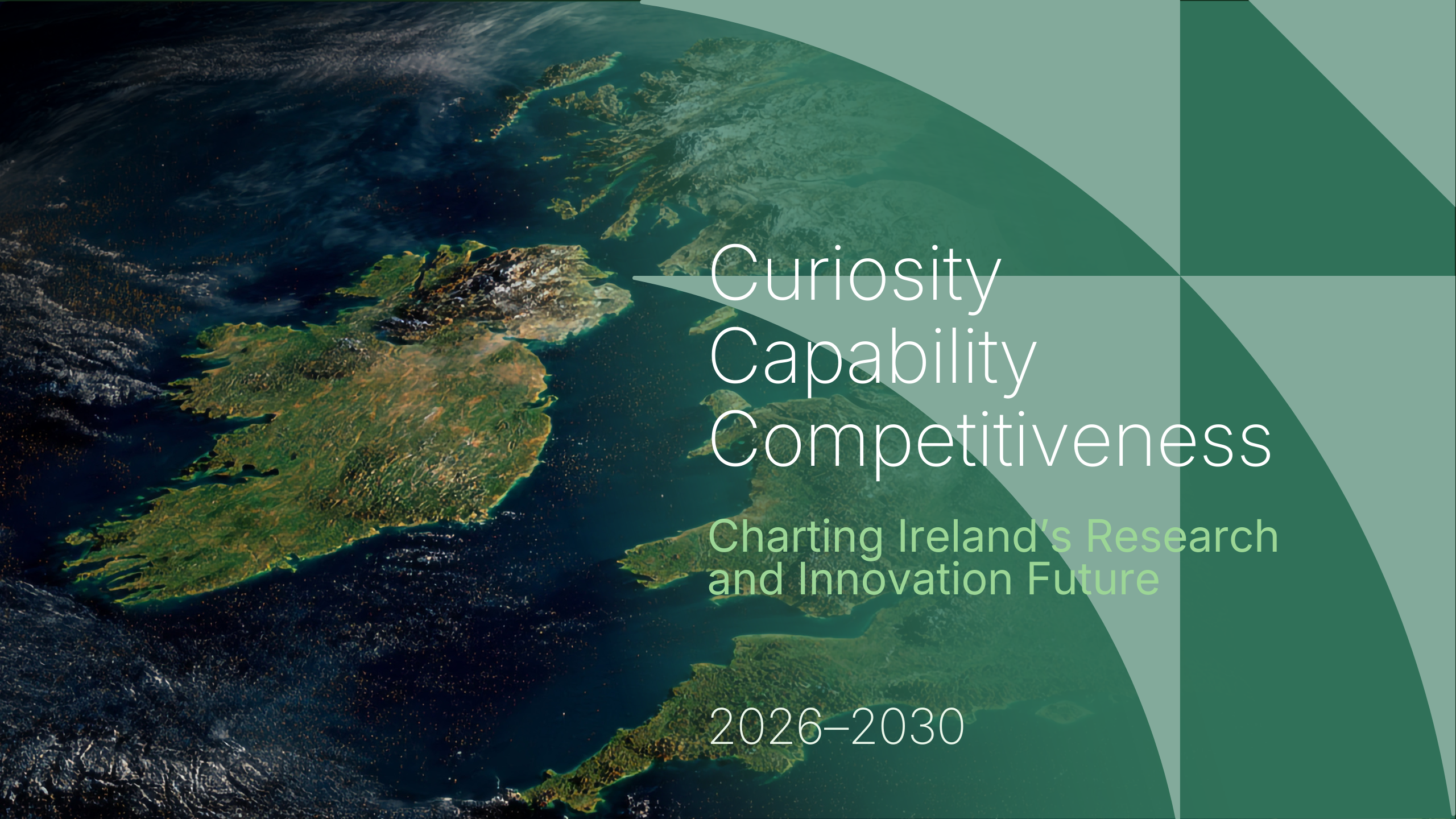 Cover of the Research Ireland Strategy. Text reads Curiosity Capability Competitiveness Charting Ireland's Research and Innovation Future 2026 - 2030