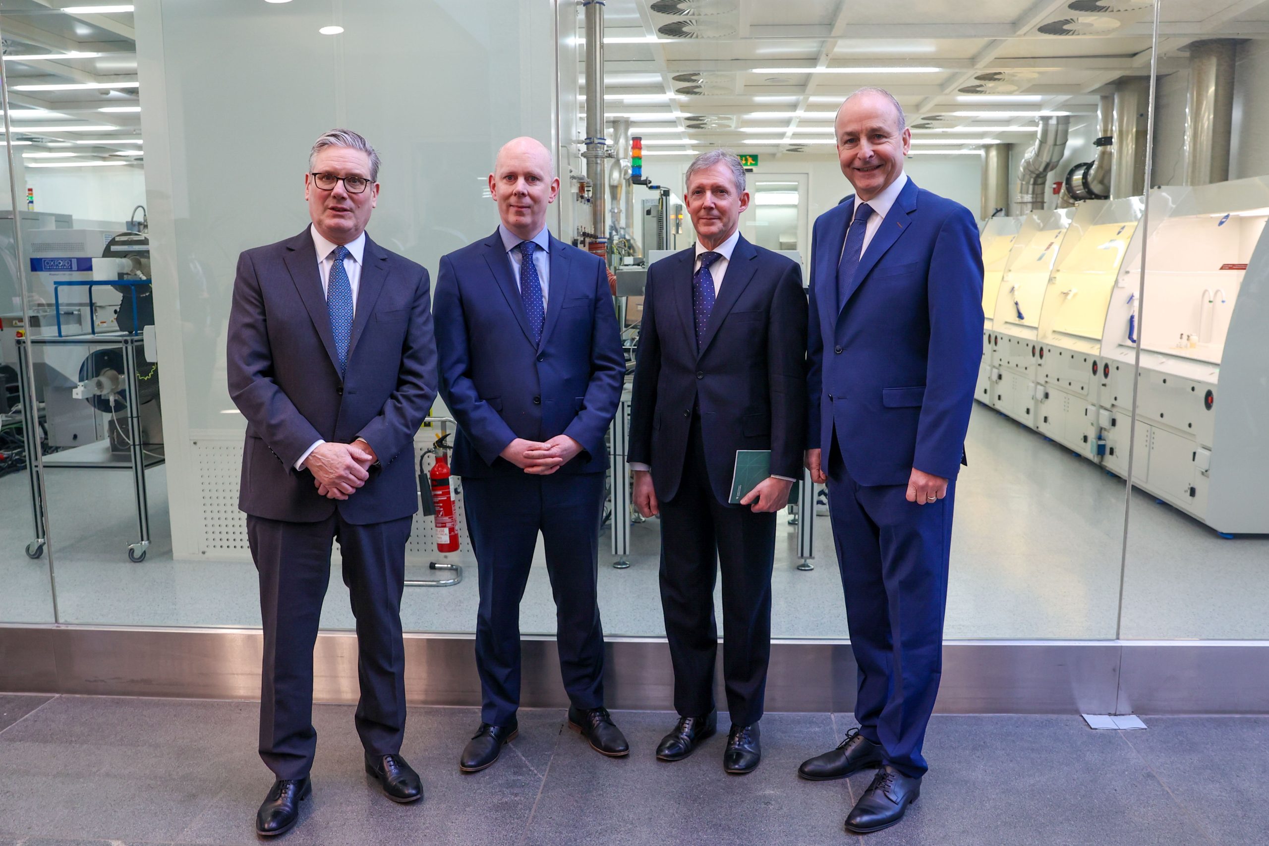 A group photo, Pictured from left to right: Left-right: UK Prime Minister, Sir Keir Starmer; CEO Research Ireland, Dr Diarmuid O’Brien; UKRI International Champion and Arts and Humanities Research Council Executive Chair, Prof. Christopher Smith; and Taoiseach Micheál Martin TD.
