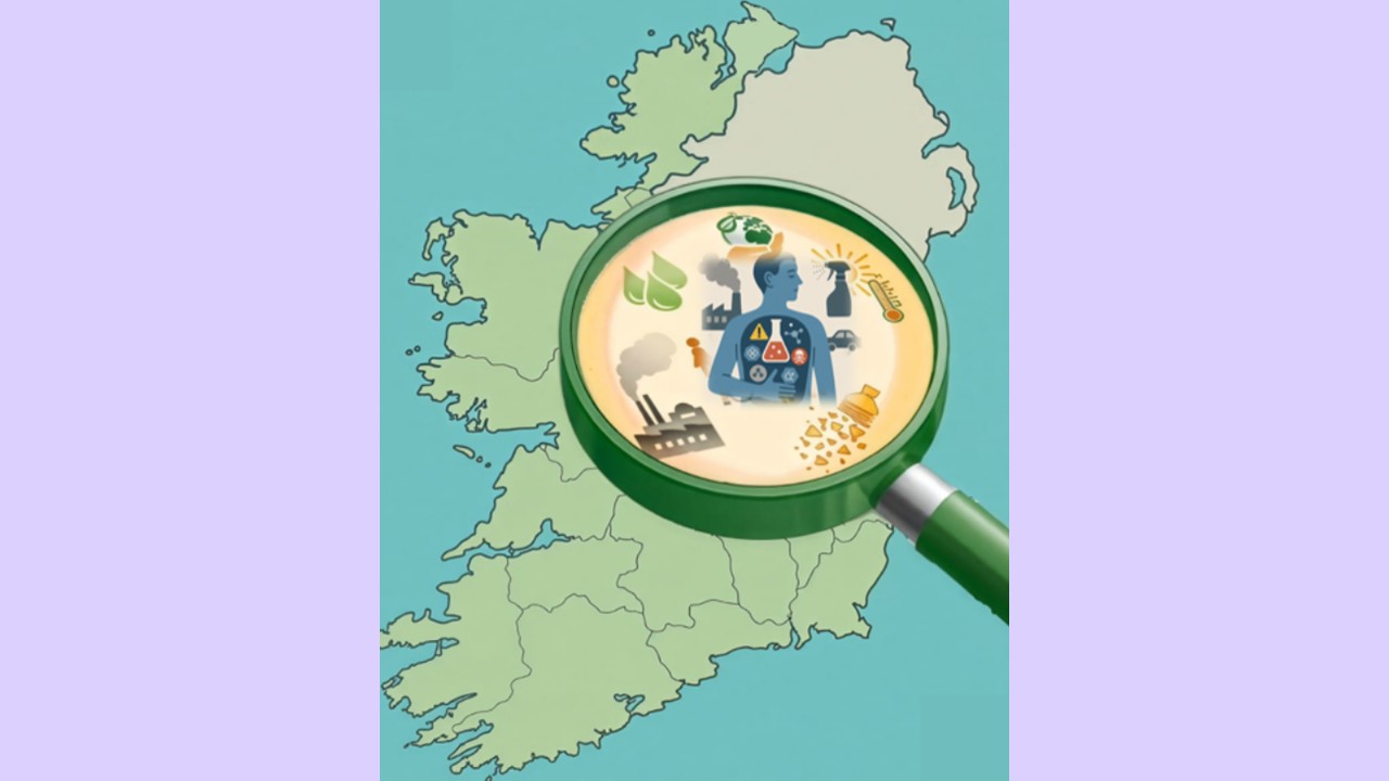 A map of Ireland shown in green, with a large magnifying glass positioned over the centre. Inside the magnifying glass are illustrated icons representing environmental monitoring, including factories emitting smoke, recycling symbols, water droplets, crops, and a human silhouette containing hazard symbols.