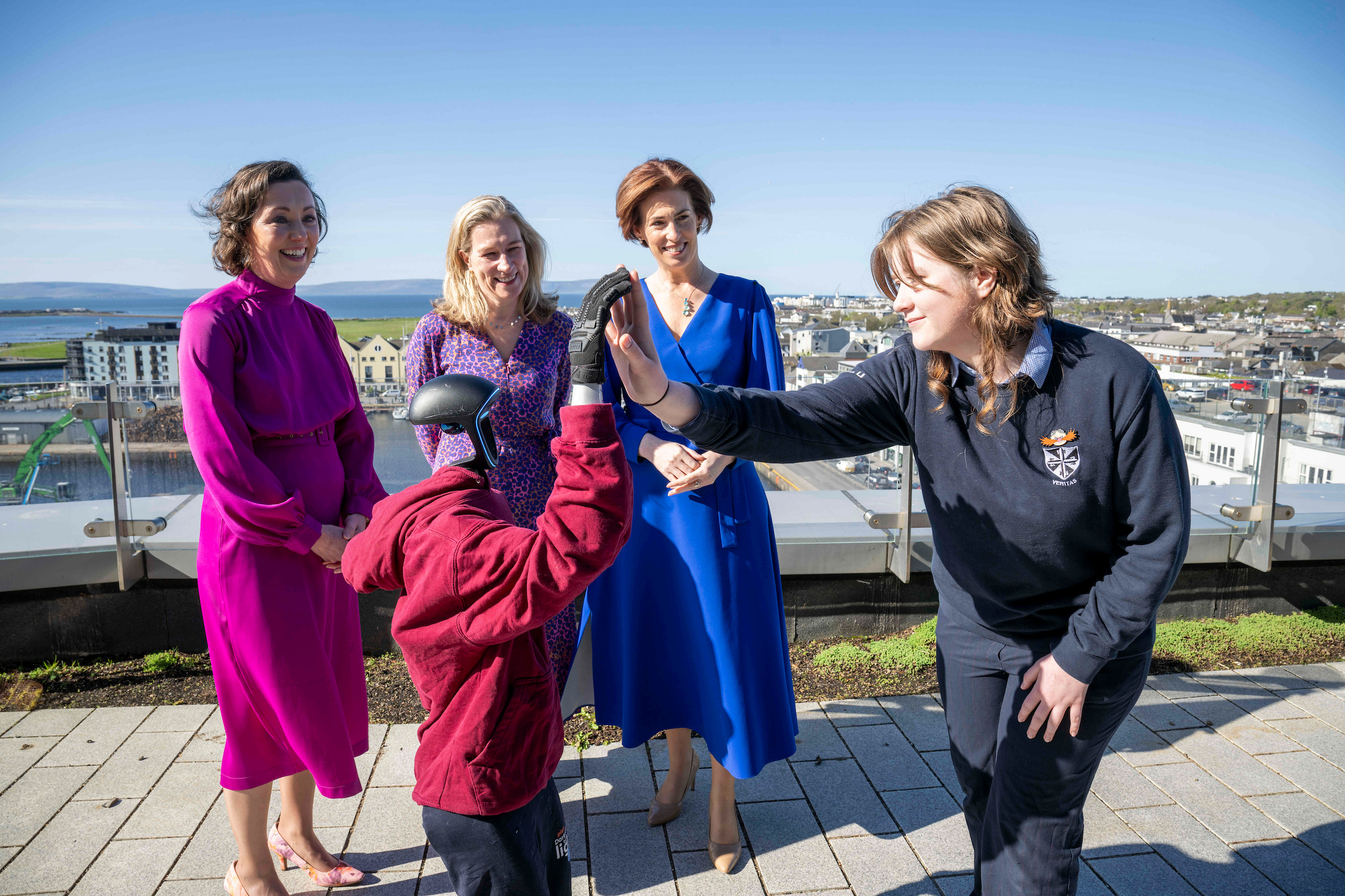 Professor Cornelia Connolly, University of Galway, Dr Clare McInernery, LERO and University of Limerick, Minister for Education and Youth, Hildegarde Naughton, T.D., Maeve Hoolmaa, Dominican College, Taylors Hill, Galway City, and Deckard the robot.