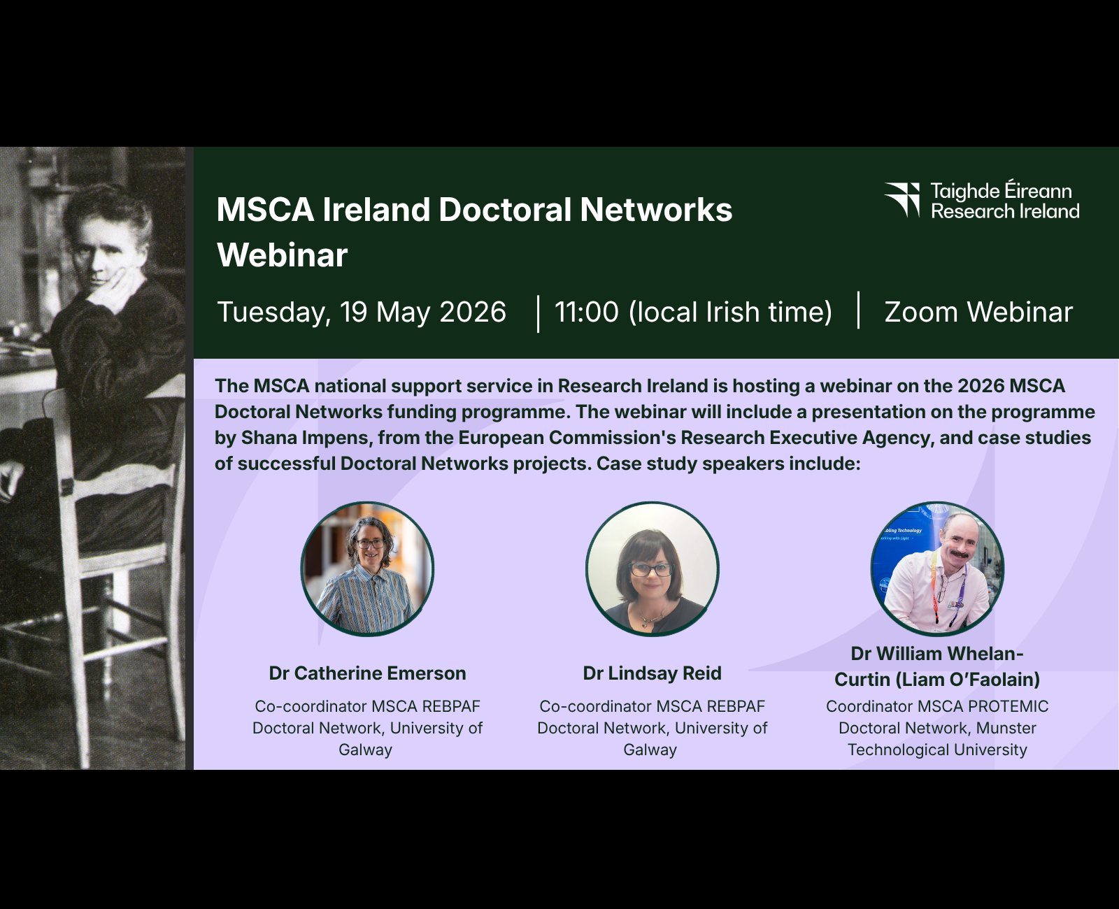 A graphic displaying information on the upcoming webinars for the MSCA Ireland Doctoral Networks - all details can also be found in the text below.