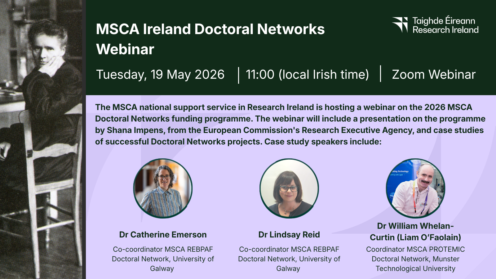 A graphic with details of the MSCA Doctoral Networks Webinar. All details can be found in the body text of this page.