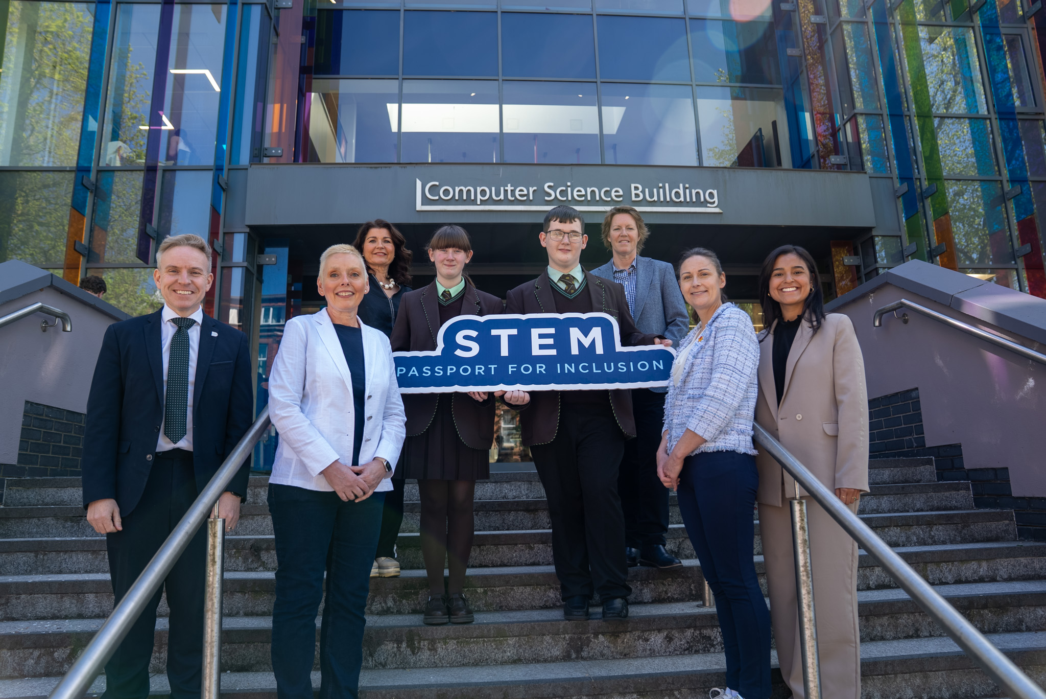 A group photo, pictured at Queen’s Computer Science building are Professor Margaret Topping and Dr Ryan Feeney (Queen’s University, Belfast); Dr Gemma Irvine and Isabel Meza (Maynooth University); Professor Helen McCarthy (Northern Ireland Executive Office); and St Louise’s pupils Aoife Clarke and Odhran Sullivan with the school’s Head of Technology and Design, Mrs Mackey