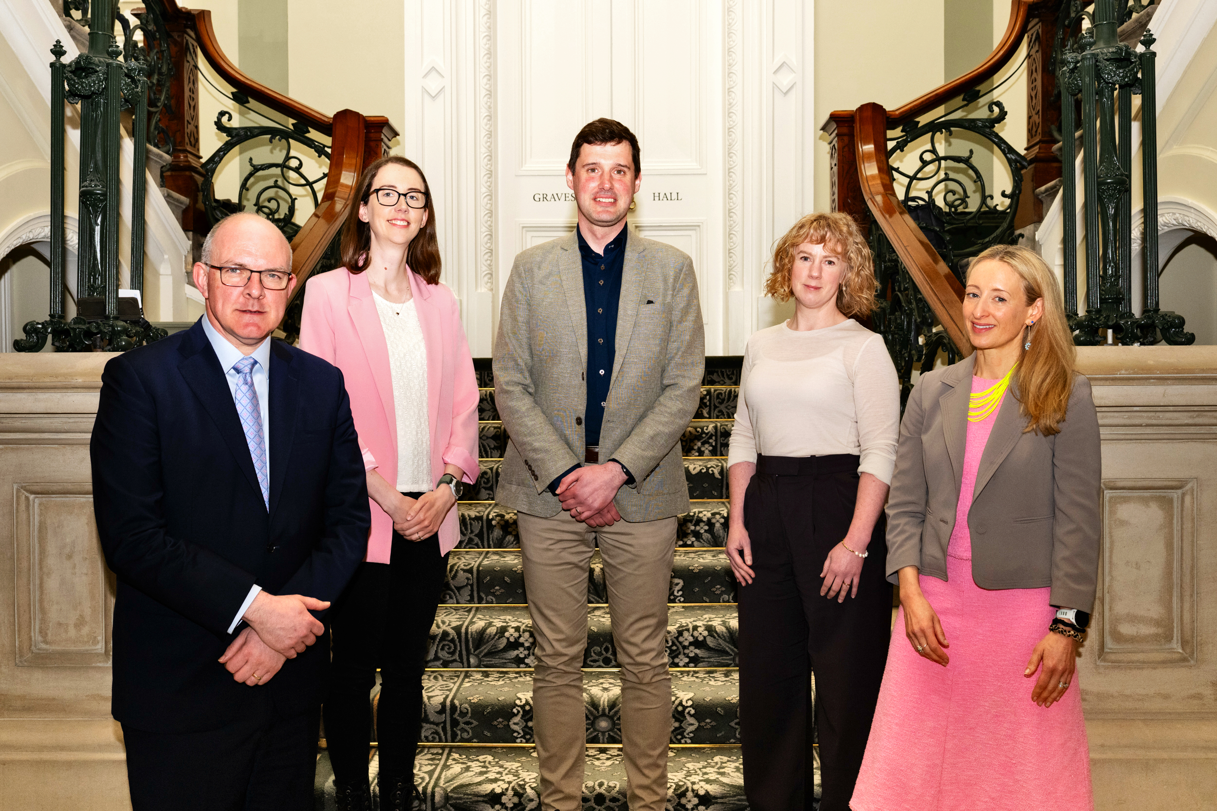 Left-Right: Colm O'Reardon, Secretary General, Department of Further and Higher Education, Research, Innovation and Science; Dr Jennifer Gaughran, DCU, Co-lead PUreTex Team; Dr Niall Maloney, ATU, Lead of the NanoSA Team; Dr Susan Kelleher, DCU, Lead of the PUreTex team; and Dr Ruth Freeman, Director of Research for Society, Research Ireland. Photo: Johnny Mallin