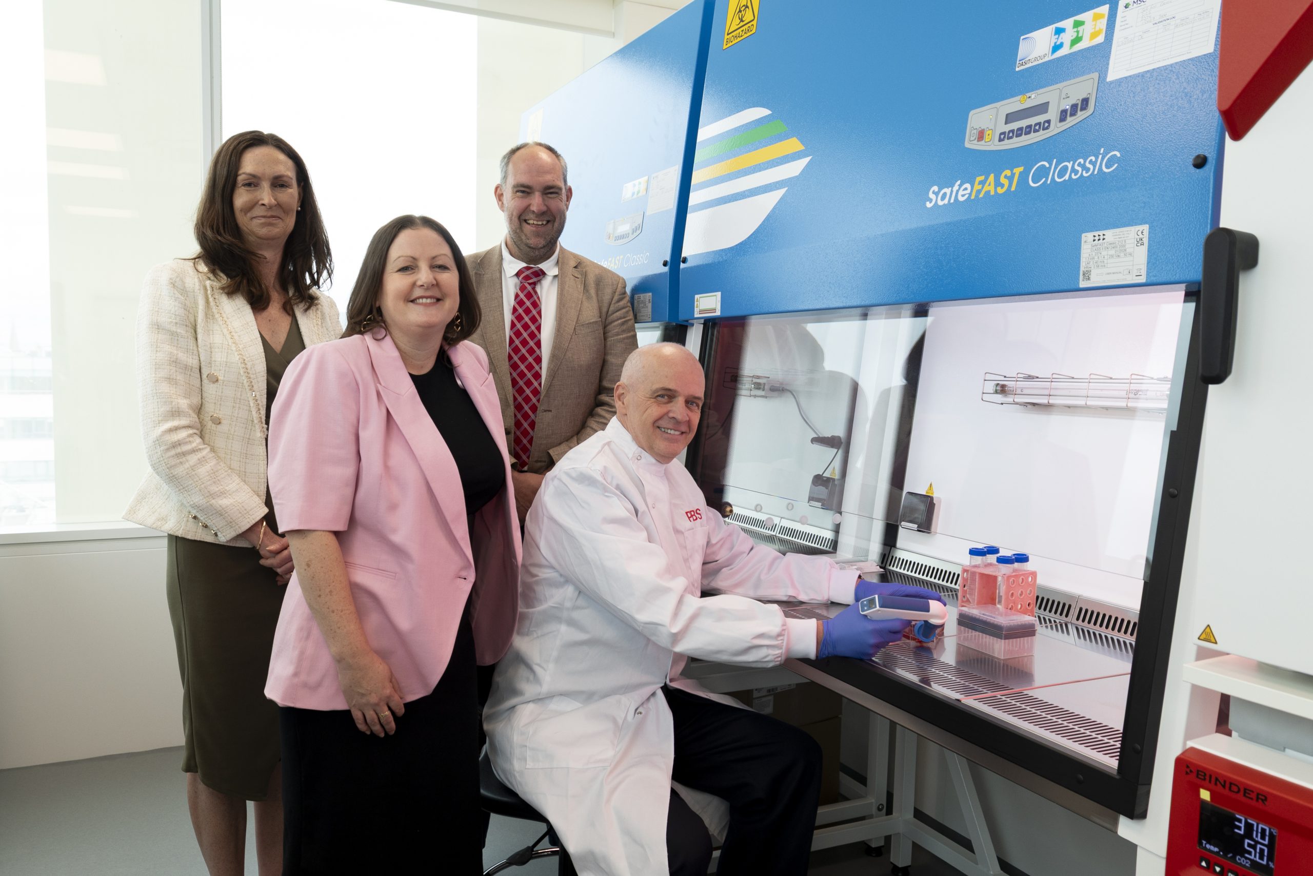 Left-right: Dr Siobhan Roche, Director, Research for the Economy, Research Ireland; Dr Allison Waters, Head of Research & Innovation, Irish Blood Transfusion Service (IBTS); Dr Andrew Godfrey, Medical & Scientific Director, IBTS; and Prof. James O'Donnell, Professor of Vascular Biology at RCSI School of Pharmacy and Biomolecular Sciences and Project Lead. Photo: Jason Clarke.