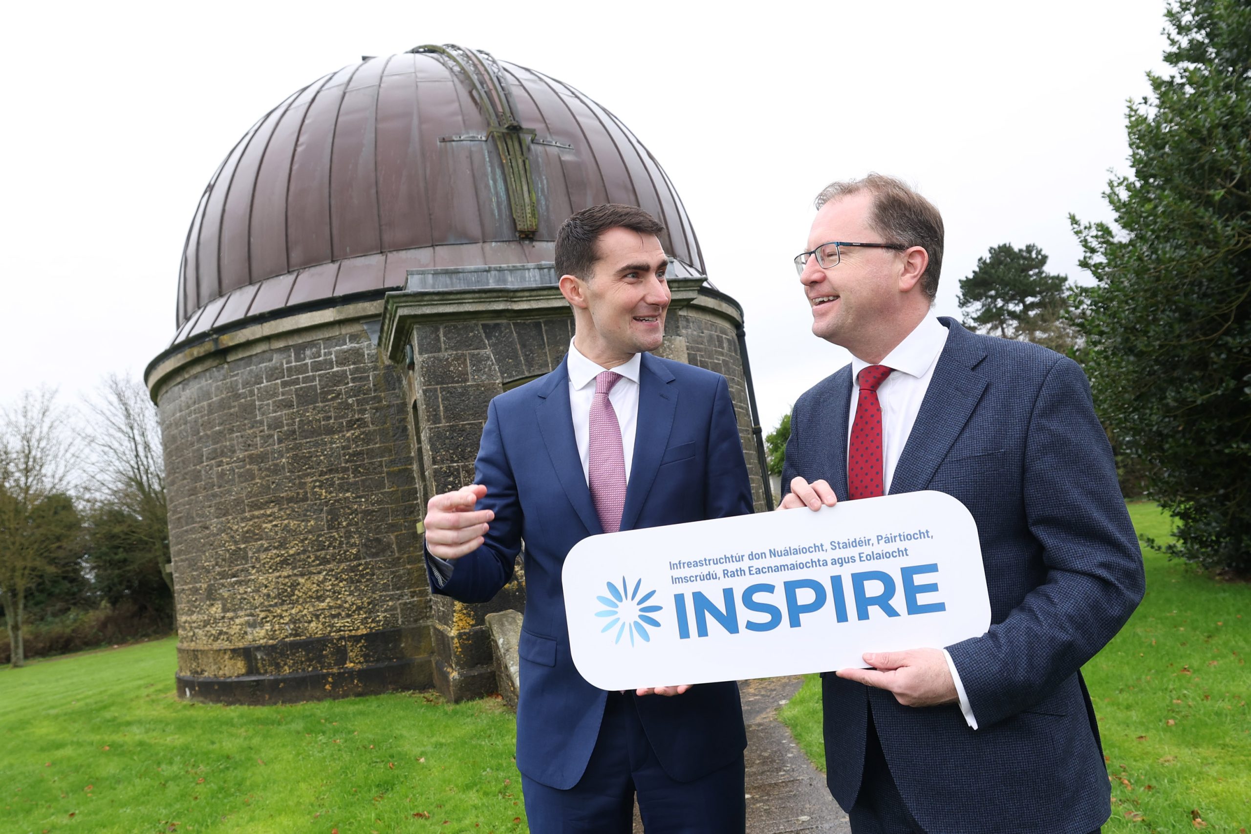 Minister for Further and Higher Education, Research, Innovation and Science James Lawless TD pictured with Minister for Public Expenditure, Infrastructure, Public Services, Reform and Digitalisation Jack Chambers TD at DIAS Dunsink Observatory at the launch of INSPIRE, Ireland’s new €750m national infrastructure programme for research, innovation, talent and economic competitiveness.