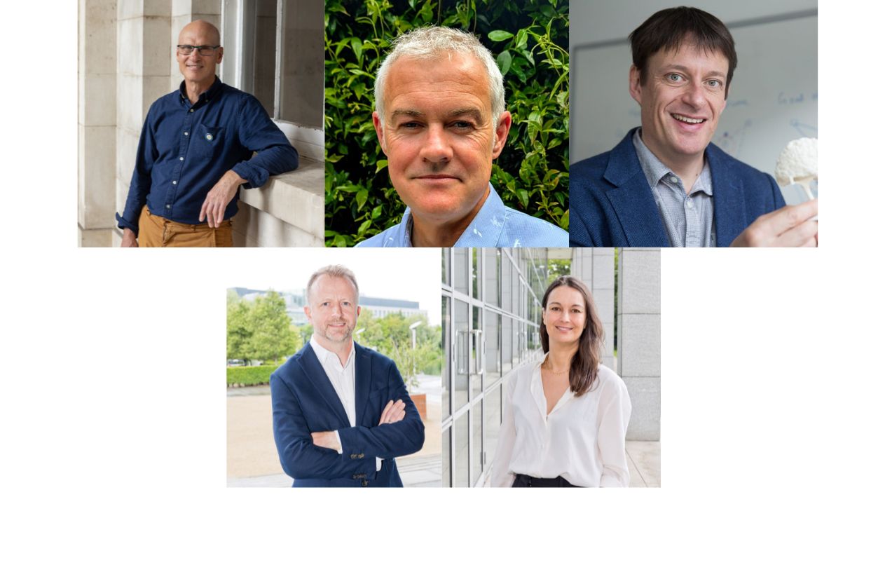 A collage featuring, pictured (l-r): Professor Richard Layte, Professor Anthony O’Mullane, Professor Rhodri Cusack, Associate Professor Rory Johnson, and Professor Porscha Fermanis.