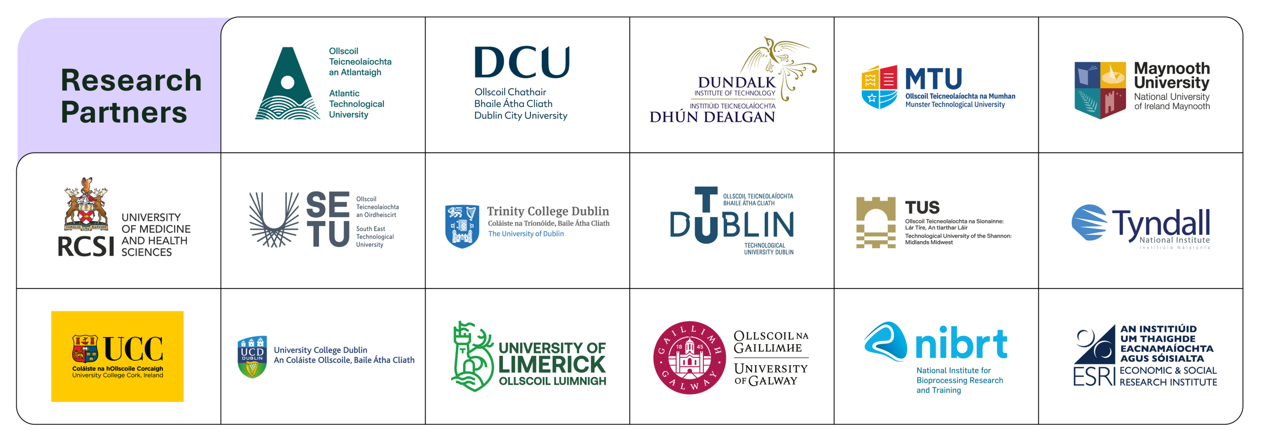 Research Partners: Atlantic Technological University; DCU; Dundalk Institute of Technology; MTU; Maynooth University; RCSI; SETU; Trinity College Dublin; TU Dublin; TUS; Tyndall National Institute; UCC; Unviersity College Dublin; University of Limerick; University of Galway; nibrt; ESRI