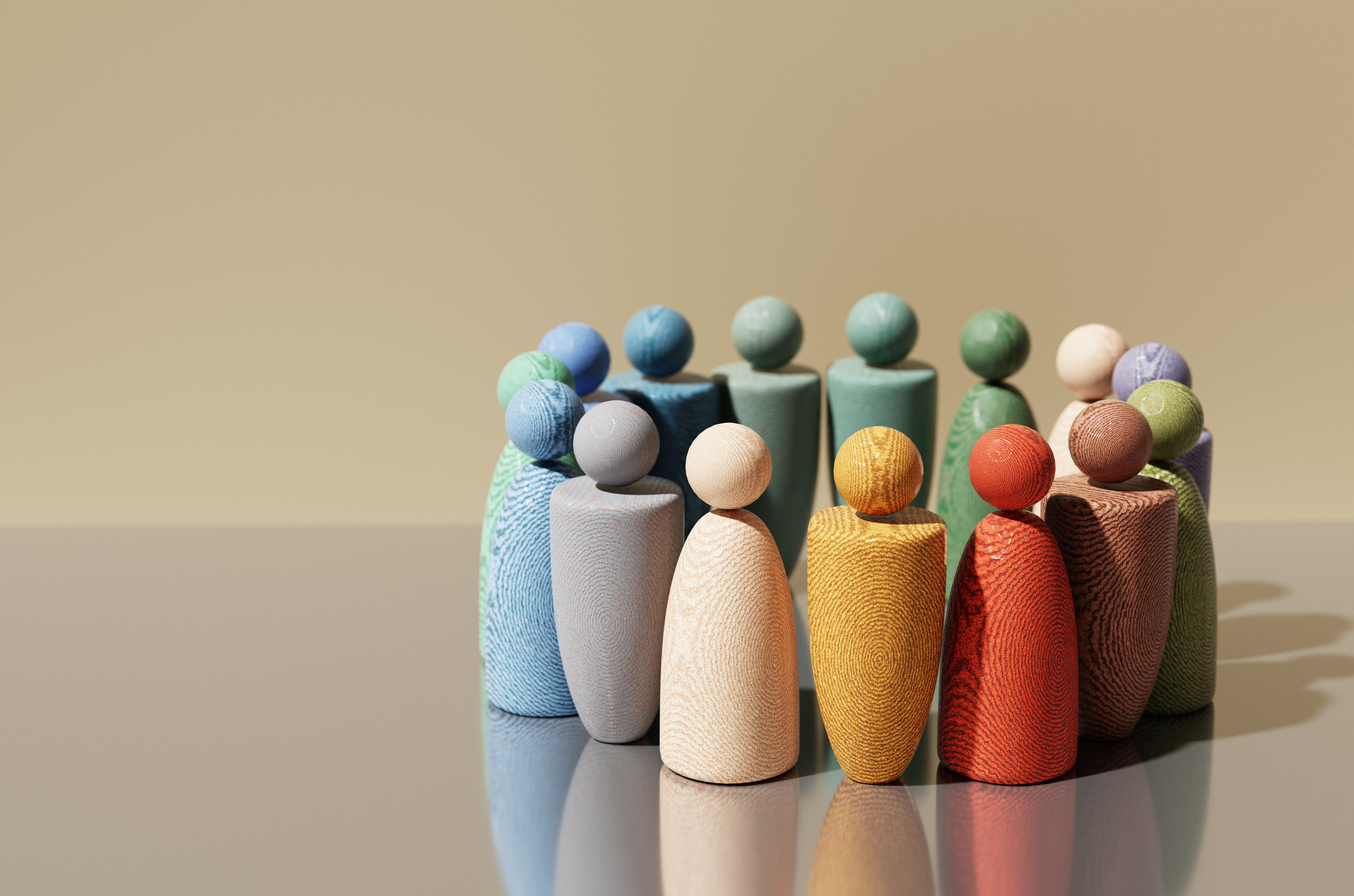 Multi-colour, multi-shape wooden figures stand in a circle