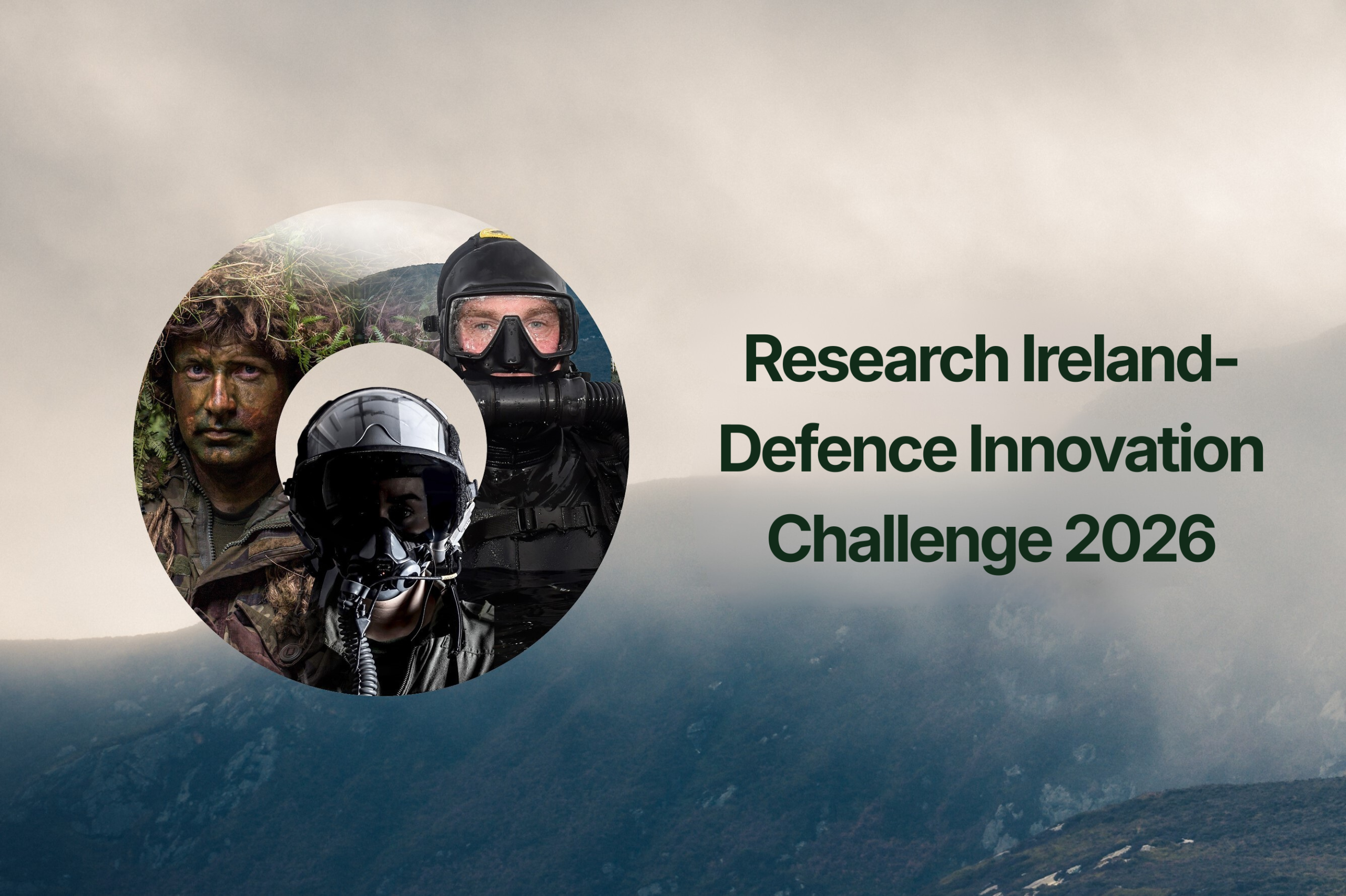 The Defence Innovation Challenge logo, featuring several members of Irish defence forces, accompanied by text that reads: Research Ireland-Defence Innovation Challenge 2026