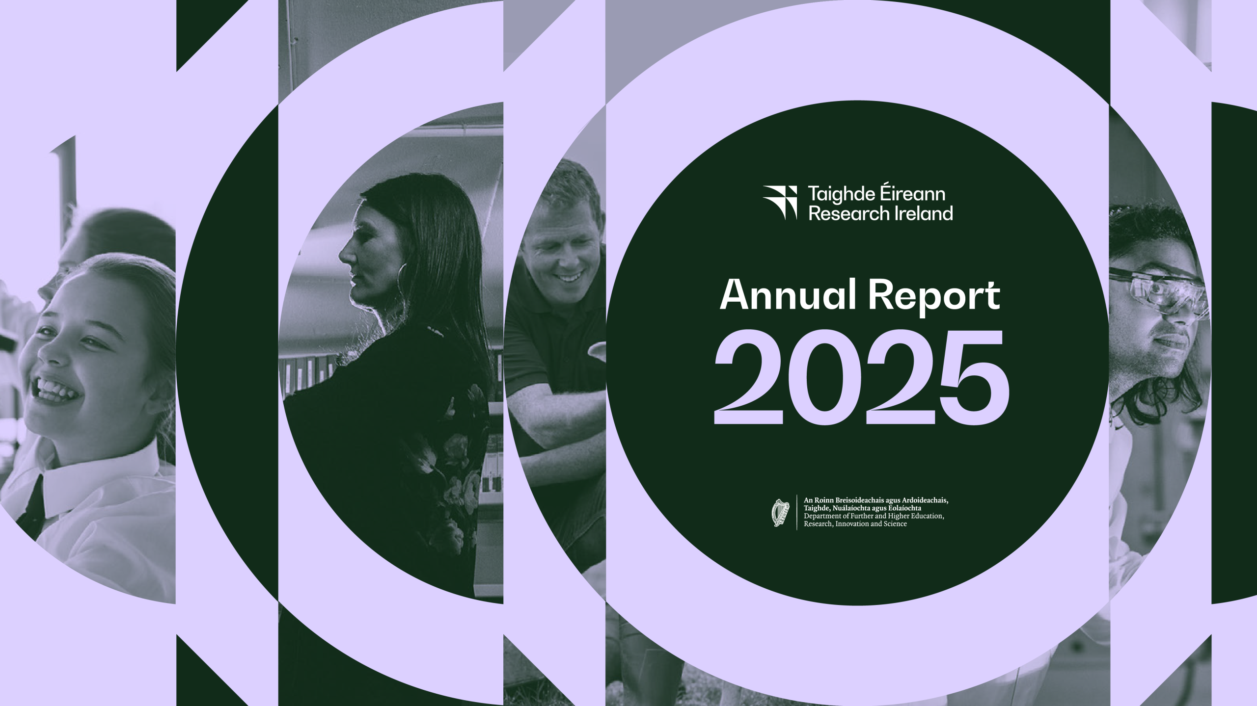 Front cover of a Research Ireland annual report featuring large “2025” text over a circular graphic, with monochrome images of people engaged in study and laboratory work arranged in vertical panels.