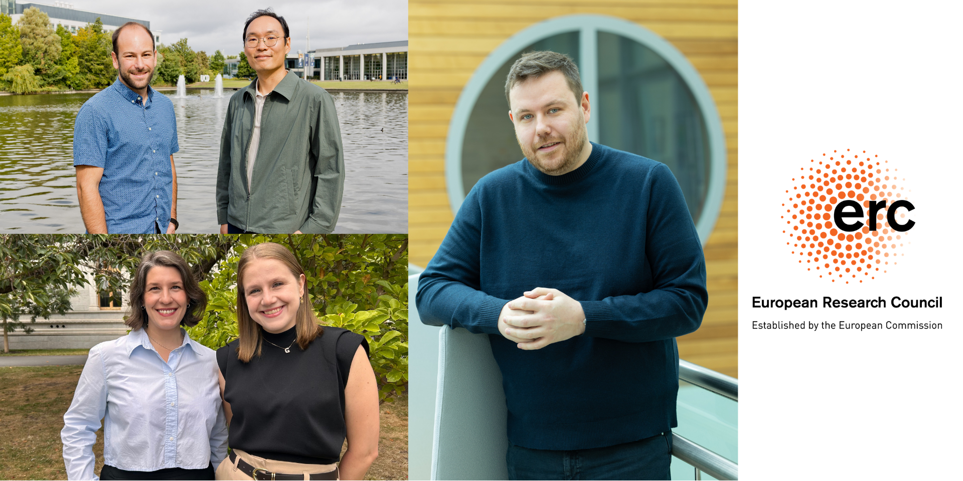 A photo collage featuring awardees and the ERC logo. Pictured (top-left): Dr Alan Seltzer, Dr Seungkuk Ahn; (bottom-left): Dr Casey Platnich, Dr Gabriela Kronemberger; (right): Dr Alan Costello.