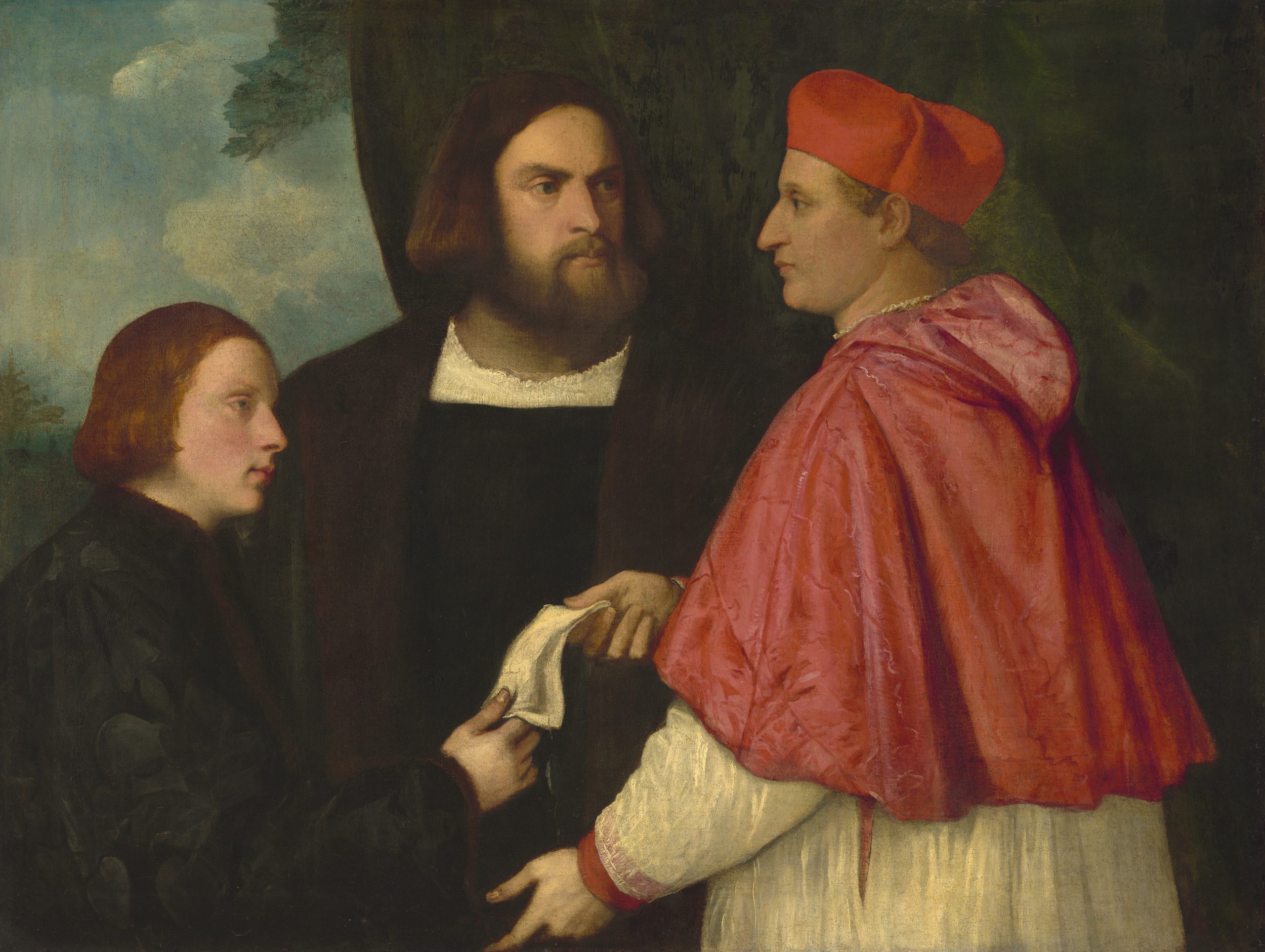 Titian and Assistant, Giacomo and Cardinal Marco, investing Andrea, Abbot of San Zeno, with his Benefice, c.1524, oil on canvas, 99.8 × 132.1 cm, National Gallery of Art, Washington D.C. Timken Collection. Courtesy National Gallery of Art, Washington.