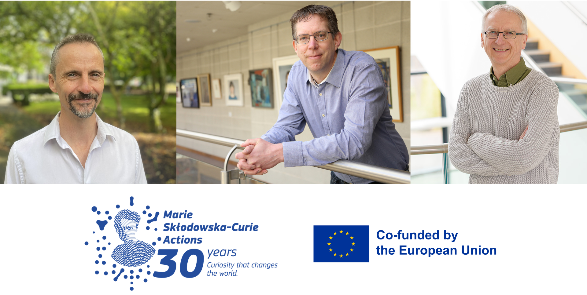 A photo collage featuring awardees and the MSCA and co-funded funded by European union logo. Pictured (left-right): Professor Cathal Seoighe, Professor Pepijn van de Ven, and Professor Walter Kolch