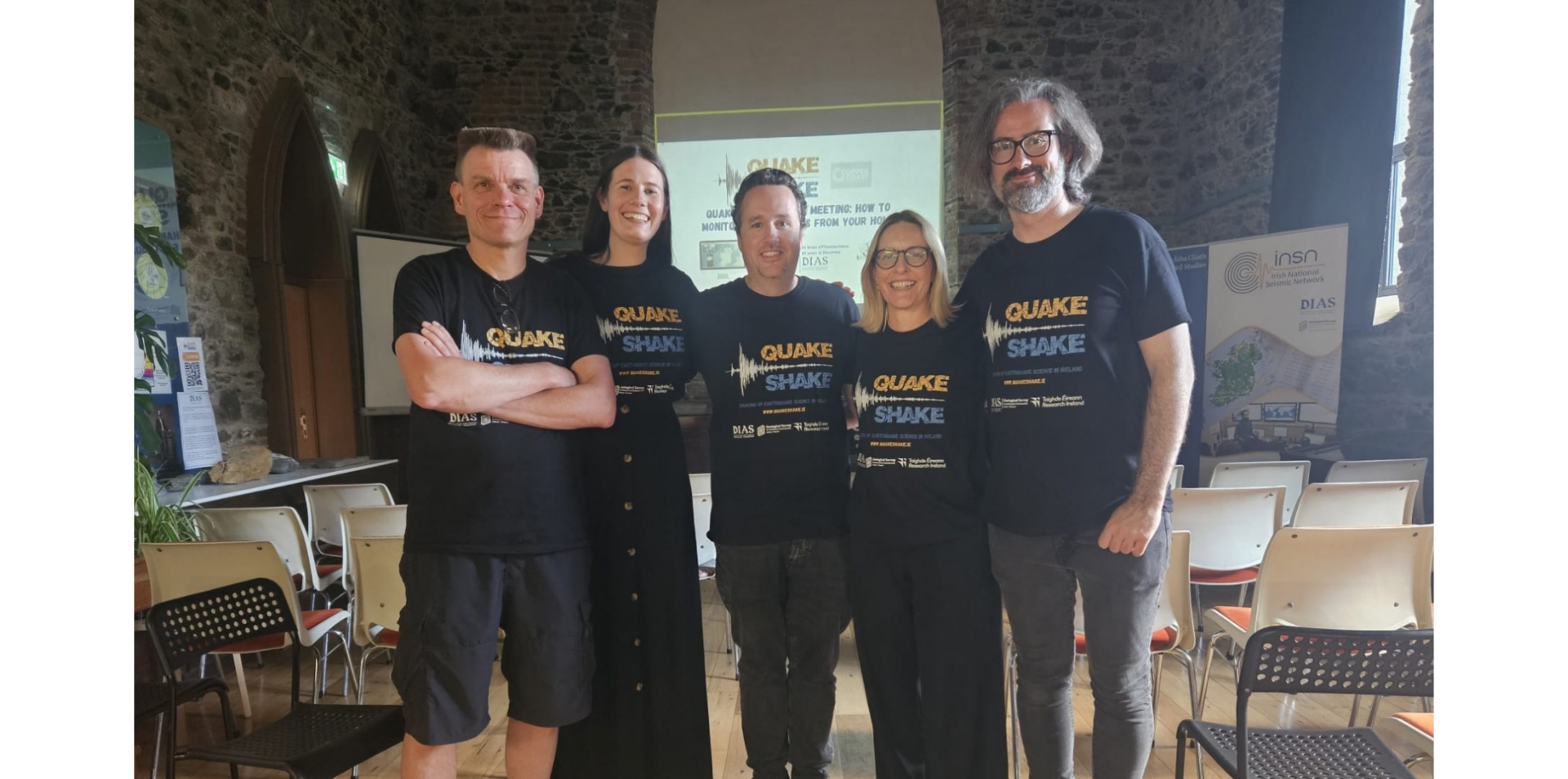The QuakeShake team (Martin Möllhoff, Laura Reilly, Paddy Smith, Louise Collins and James Grannell) at the public QuakeShake meeting in June 2025 in the Copper Coast Geopark visitor Centre, Bunmahon, Co. Waterford.