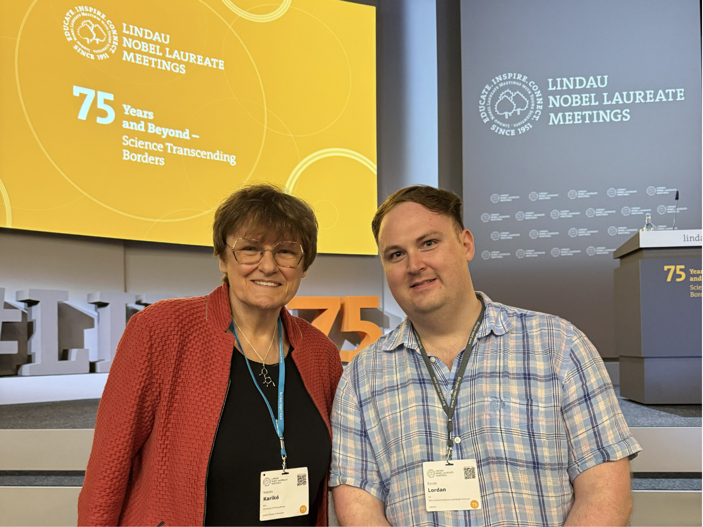Dr. Ronan Lordan with Dr. Katalin Karikó at the 75th Lindau Nobel Laureate Meeting