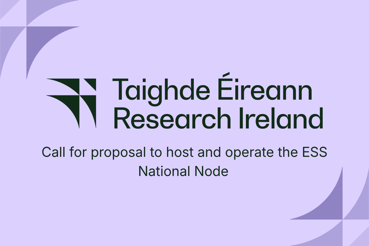A graphic with the Research Ireland logo and text that reads: Call for proposal to host and operate the National Node for ESS